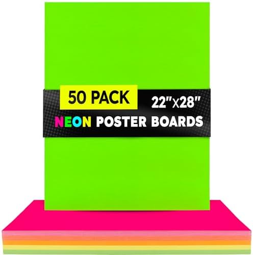 Hygloss Medium Poster Board 22x28 - 50 Assorted Neon Color Bulk Pack - 10 Pt. Thickness Colored Poster Board Paper for Projects, Signs, Displays - Posterboard Multipack 22" x 28"