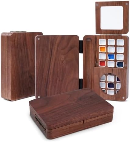 Fuumuui Travel Watercolor Palette 24 Grids Foldable with 2pcs Sable Travel Watercolor Brushes, Portable Walnut Wood Palette Box for Plein Air Painting