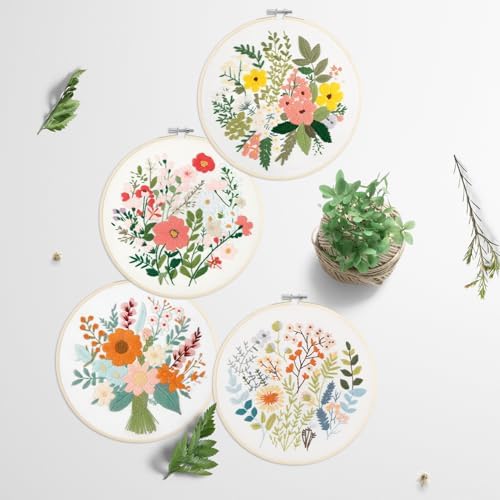 SevFan 4 Sets Embroidery Kit for Beginners Adults,Needlepoint Kits for Adults with Easy Stamped Floral Pattern Fabric Hand Crafts,Bamboo Hoop,Needle,Cloth,Embroidery Kit for Decor Home Room(Flower-8)