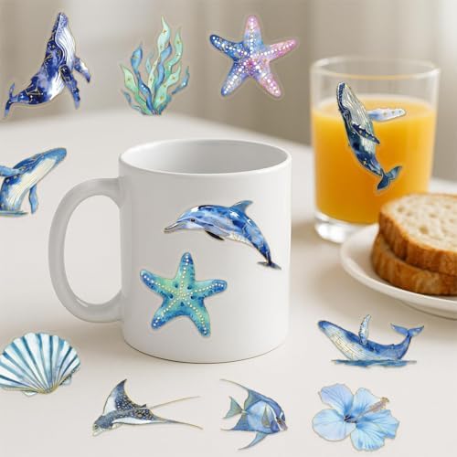 50pcs Ocean Animal Stickers for Laptop Water Bottles, Gold stamp Transparent PET Waterproof Adhesive Fish Decal Under The Sea Marine Life Sticker for Kids Birthday Party Scrapbook Gift box(Gold stamp)