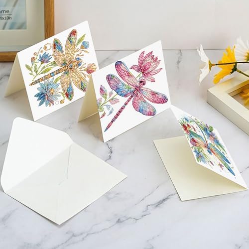 Tontut 6pcs 5D DIY Diamond Painting Kit Greeting Card,Diamond Handmade Greeting Card with Envelope, Holiday Gift Congratulations Colourful Dragonfly