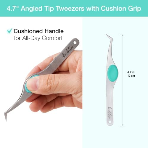 Beaditive High Precision Angled Tip Tweezers with Cushion Grip - 4.7" Craft Tweezers for Sewing, Beading & DIY Crafts - Non-Serrated Jewelry Tweezers with Fine Angled Tips - Stainless Steel (Teal)