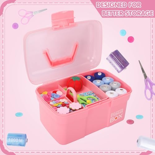 TERGOO 11in Mutipurpose Storage Box Organizer with Removable Tray, Portable Small Craft Organizer with Handle, Plastic Clear Tool Box Art Case for Makeup, Sewing, Nail, Hair Accessories (Pink)