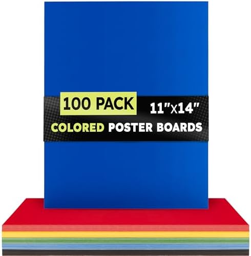 Hygloss Medium Colored Poster Board 11x14-100 Assorted Standard Color Bulk Pack - Red, Yellow, Green, Blue, Black - 10 Pt. Thickness Poster Board Paper, Posterboard Multipack 11" x 14"