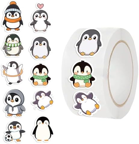 1000PCS Penguin Sticker Roll, 2 Rolls 10 Designs Animal Stickers