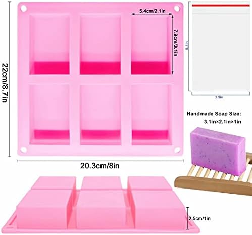 Bangp 4 Pack Silicone Soap Molds with 100pcs 3.5x5 inches Bags | Rectangle Soap Molds for Soap Making,6 Cavity Silicone Molds for Craft Soap,Chocolate,Jelly,Cake and Ice Cubes(Purple & Pink)
