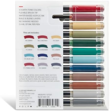 KINGART PRO 12-Piece Acrylic Paint Brush Pen Set – Earth Tone Colors – Flexible Brush Tip for Detailed Illustration and Lettering – Water-Based Opaque Art Markers for Multi-Surface Use