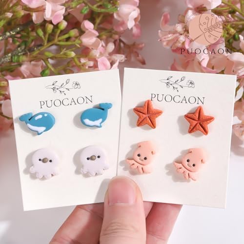 Puocaon Coastal Polymer Clay Cutters - 15 Pcs Small Stud Sea Creature Clay Cutters for Polymer Clay Earrings, Sea Life Ocean Animal Starfish Seahorse Ray Clay Jewelry Cutters