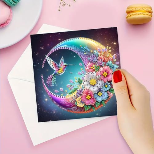 Diamond Art Cards with Envelopes–6PCS DIY Diamond Painting Greeting Cards Kit | Card Making Kit with Bling for Adults & Beginners | Birthday,Holiday & Thank You Cards (Hummingbird and Moon)