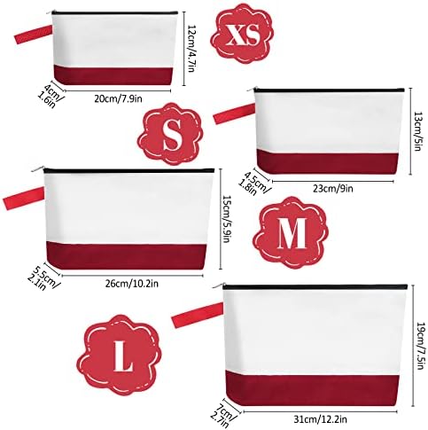 10 Pieces Cotton Canvas Makeup Bag with Bottom and Strap, Multi-Purpose Cosmetic Bag with Zipper Travel Toiletry Pouch, Blank DIY Craft Bag (White&Red, XS)