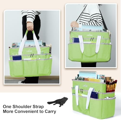JJRING Craft Organizer Tote Bag Large Art Storage Caddy Cyan | With Multiple Pockets For Sewing, Scrapbooking, School, Medical, And Office Supplies
