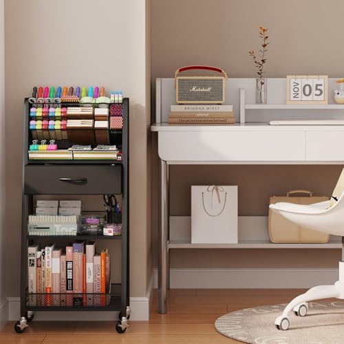 Homsorout 3 Tier Rolling Cart - Metal Utility Cart with Storage Drawer and Wheels, Versatile Art & Craft Organizer for Home, Office, or Studio - Ideal for Storing Brushes, Paints, and Supplies(Black)