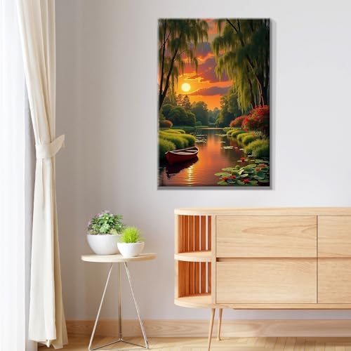 JOOZ Landscape Paint by Numbers Kit for Adults with Frame Sunset Paint by Number with Easel Boat Adult Paint by Number Kits Framed Canvas Boat Oil Painting Kits for Home Wall Decor 8x12 Inch
