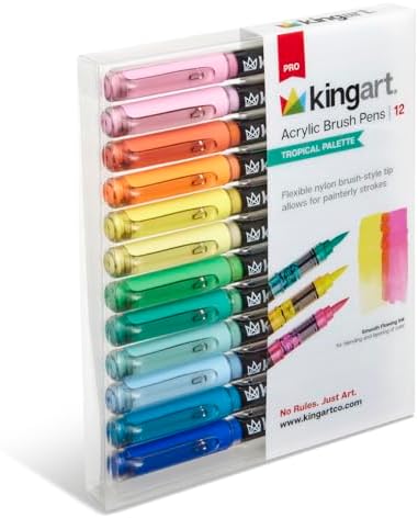 KINGART PRO 12-Piece Acrylic Paint Brush Pen Set – Tropical Colors – Flexible Nylon Brush Tip for Detailed Illustration and Lettering – Water-Based Opaque Art Markers for Multi-Surface Use