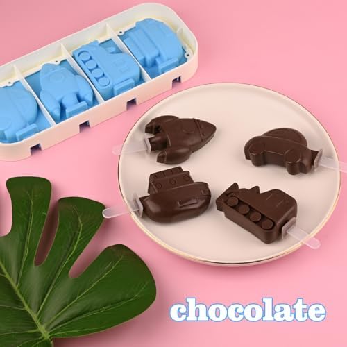 2 Pack Silicone Popsicle Molds, Cars, Ships, Train, Rocket and Dino Shapes