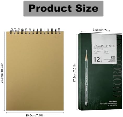 Sketchbook and Pencil Set - Spiral Bound Hardcover with 60 Sheets & 12 Charcoal Pencils (Hard/Medium/Soft) for Professional Artists and Beginners