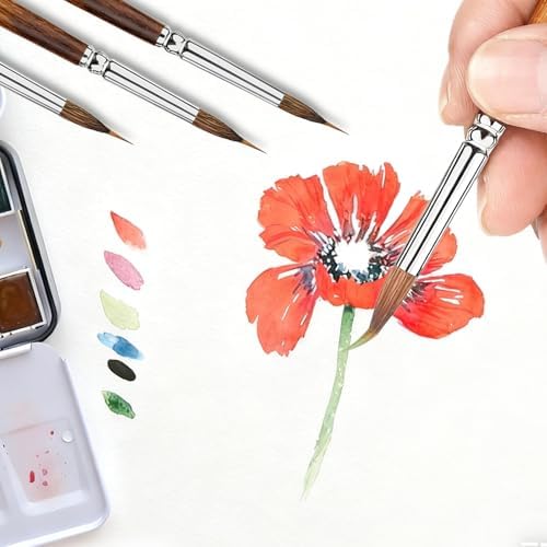 Watercolor Brushes Set of 6 - Extra Long Needle Point Detail Brushes for Fine Line Work, Featuring a Two-Layer Sable/Kolinsky Synthetic Blend for Continuous Painting & Broad Washes. Ideal for Artists.