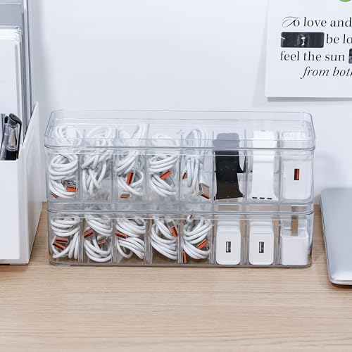 2 Pack Cable Organizer Box with Lid, Clear, Plastic