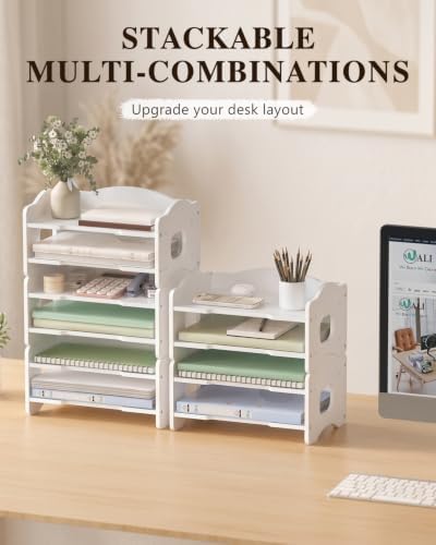 WALI Desk File Organizer, 2 Tier Stackable Desktop Paper Letter Tray Organizer with Handle, Office Desk Accessories & Workspace Organizers for Office, Home, School Supplies, 1 Pack, White
