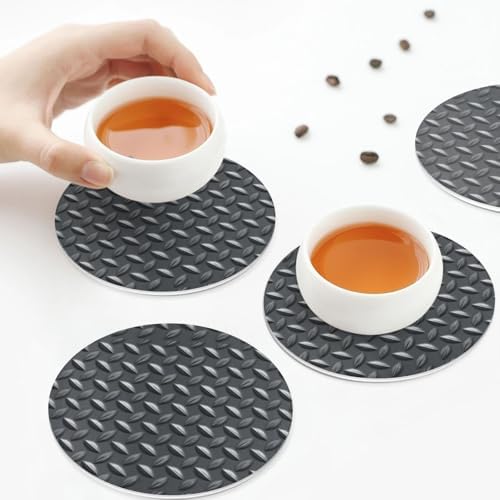 Embossed Diamond Tread Plate Gray Metal Drinks Coasters Set of 4 Leather Drink Coasters for Tabletop Protection Heat Resistant Bar Cup Mat Pad