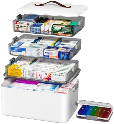 JOYBOS Medicine Storage Box Organizer, Plastic, White, 4-Tier with Handle, Lockable, Waterproof, Airtight, Dustproof,