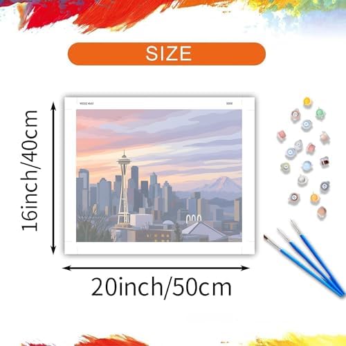 ARNLRDYA Seattle City View Paint by Number Kits, Washington State Sunset Cityscape Paint by Numbers for Adults, Modern Urban Picture Canvas Acrylic Painting for Gift Home Decor(16×20inch, Unframe)