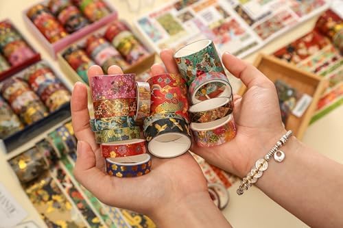 15 Rolls Japanese Sakura Washi Tape Set, Traditional Kimono Decorative Masking Tapes with Gold Foil, Cherry Blossom Arts for Craft, Scrapbook, DIY, Gift Wrapping (4-Kyoto Dance Grace)
