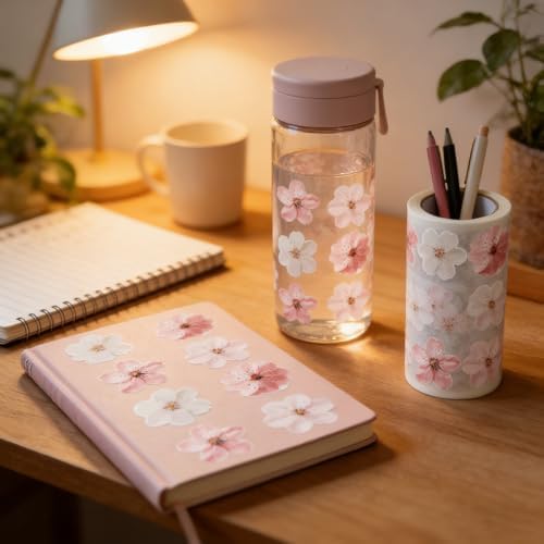 Cherry Blossom Flower Stickers Roll,500PCS Pink & White Sakura Decorative Stickers for Scrapbooking Journaling Gift Wrapping Card Making DIY Crafts Spring Floral Decals