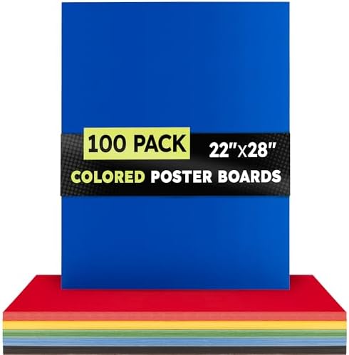 Hygloss Large Colored Poster Board 22x28-100 Assorted Standard Color Bulk Pack - Red, Yellow, Green, Blue, Black - 10 Pt. Thickness Poster Board Paper - Posterboard Multipack 22" x 28"