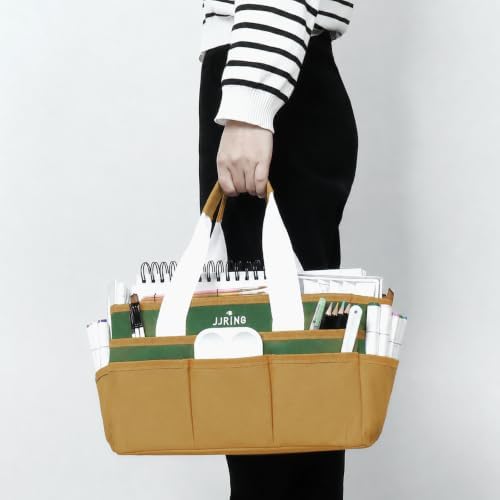 JJRING Craft Organizer Tote Bag Art Storage Caddy Deep Green and Yellow | With Multiple Pockets For Sewing, Scrapbooking, School, Medical, And Office Supplies