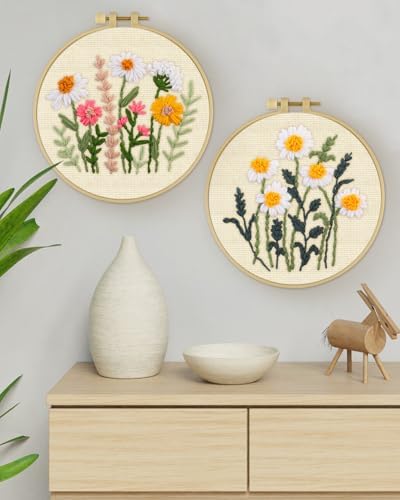 ERKOON Punch Needle Kit Adults Beginners, 2 Pcs DIY Easy Flower Embroidery Set for Starter Art Craft, Needling Punching Project with Patterns, Tools, Yarns, Hoop, Instruction (Daisies)