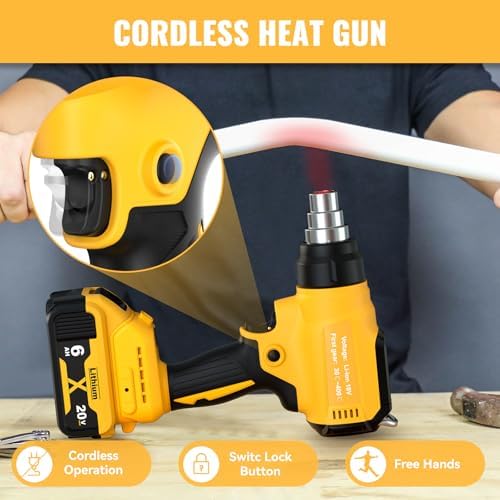 Cordless Heat Gun for Dewalt 20V Battery(NO Battery), 350W,LED Light,Fast Heating Soldering Hot Air Gun 1022℉-1328℉ Variable Temperature Control with 4pcs Nozzles&Scraper for Crafts, Shrink Wrap