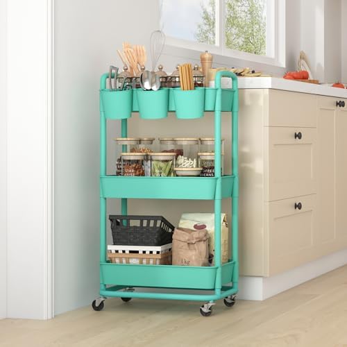 JIUYOTREE 3-Tier Plastic Rolling Storage Cart Utility Cart Green