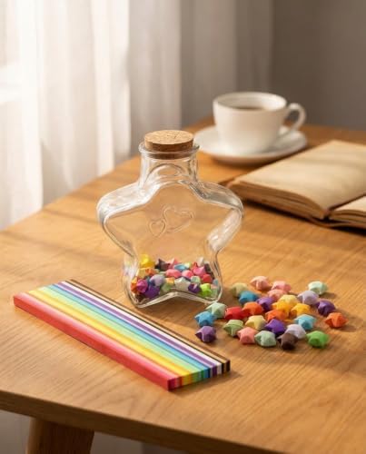 jojofuny Lucky Star Origami Kit with Glass Wish Bottle, 540pcs Paper Strips