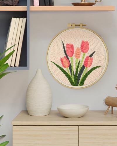 ERKOON Punch Needle Kit Beginners Adults, DIY Easy Flower Embroidery Set for Starter Art Craft, Needling Punching Project with Patterns, Tools, Yarns, Hoop, Instruction (Tulips)