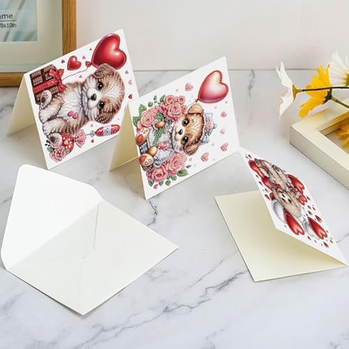 LazyFold 6 Pcs Diamond Art Painting Greeting Cards Kits, DIY Cute Puppy Handmade Festival Greeting Cards with Envelopes Diamond Art Crafts Birthday Cards Creative Valentine's Day Gift