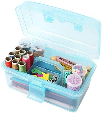 Multipurpose Plastic Art and Craft Supply Storage Container Bin Case with Removable Tray and Handle, First Aid Box Organizer, Clear&Blue