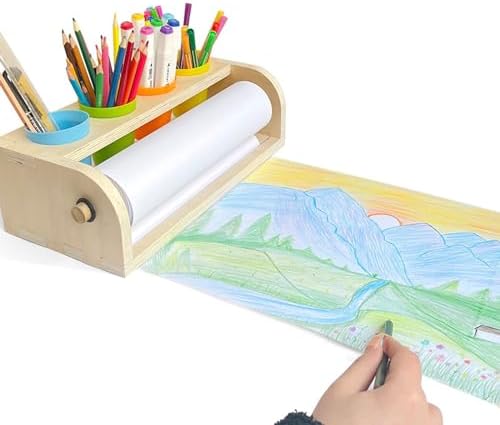 XDONEF Wooden Tabletop Paper Roll Dispenser with Roll 11.4inx98.4ft and Pencil Cups Craft Art Paper Roll Holder for Kids Desktop Easel for Drawing Painting Home Classroom
