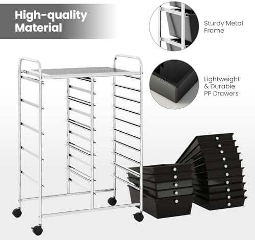 Giantex 15 Drawer Rolling Storage Cart Tools Scrapbook Paper Office School Organizer, Black