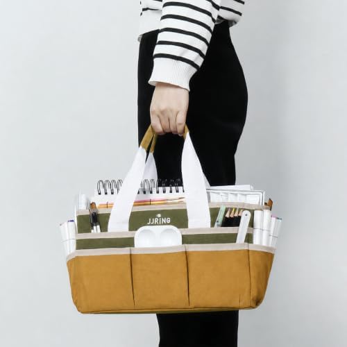 JJRING Craft Organizer Tote Bag Art Storage Caddy Dark Green and Brown | With Multiple Pockets For Sewing, Scrapbooking, School, Medical, And Office Supplies