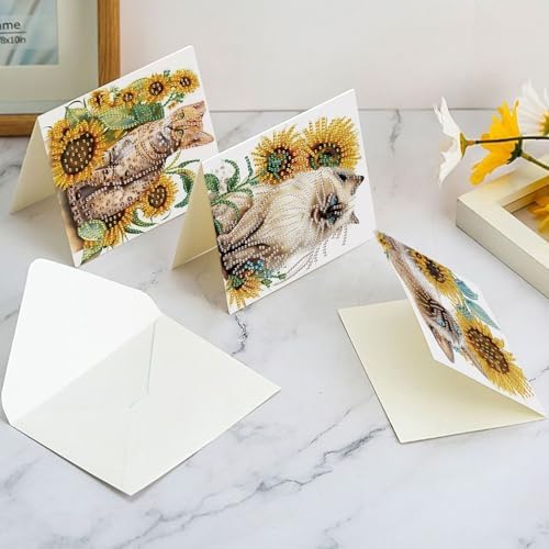 AiYuanzsh 6-Pack 5D Diamond Painting Greeting Cards with Envelopes, Cat Sunflower Pattern DIY Crystal Rhinestone Diamond Art Cards, Laser Effect Postcards for Birthday, Thank You, and Gift Giving