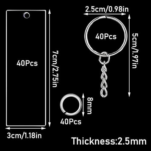 120Pcs Acrylic Keychain Blanks, BetterJonny 40Pcs Rectangle Key Tags with Key Chain Rings and Open Rings Unfinished Clear Ornament for DIY Crafting & Vinyl Projects