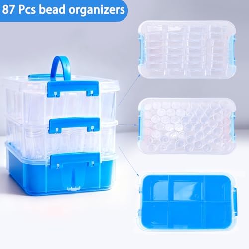 Bead Organizers for Art Craft Storage,3-Tier Stackable Storage Container Box,87 Pieces Plastic Storage Cases Mini Clear Bead Storage Containers Transparent Boxes