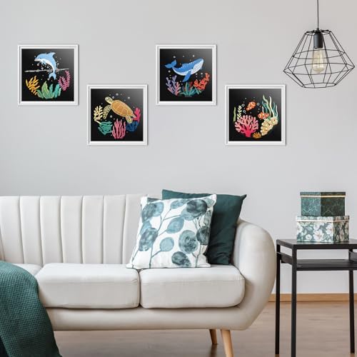 ERKOON 4 Set Embroidery Kit for Beginners, Cross Stitch Set Include Embroidery Cloth Hoops Threads for Craft Lover Hand Stitch with Embroidery Skill Techniques (Marine Animals)