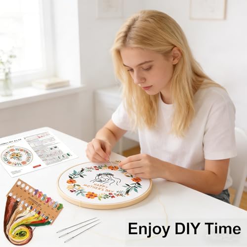 BoAn DIY Floral Embroidery Kit for Adults, Handmade Craft with Hoop