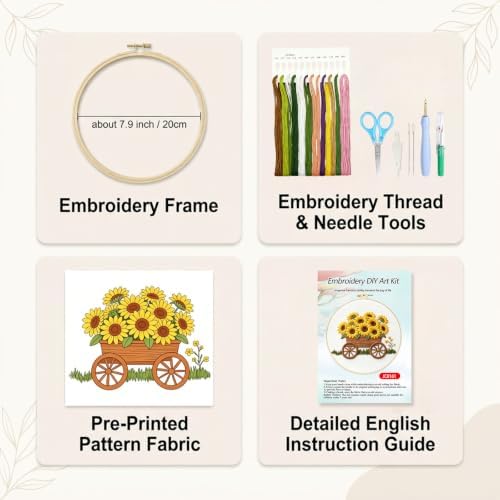 DJBVHSF Sunflower Embroidery Kit for Beginners Adults, 3D Raised Hand Needlepoint Starter Cross Stitch Kits with Hoop, Colorful Cotton Threads & Complete Tools for Home Decor Holiday DIY Gift