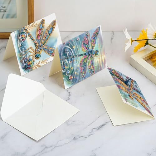 6 Pcs 5D Diamond Painting Greeting Cards Kits Dragonfly, Handmade Festival Greeting Cards with Envelopes DIY Diamond Art Crafts Birthday Cards Shimmer Design for Birthdays Holidays (30x15cm)