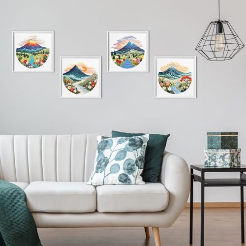 ERKOON 4 Set Embroidery Kit for Beginners, Cross Stitch Set Include Embroidery Cloth Hoops Threads for Craft Lover Hand Stitch with Embroidery Skill Techniques (Landscape)