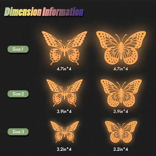 SAOROPEB Glow in The Dark 3D Butterfly 24 Pcs Orange Butterfly Stickers | 3 Sizes, Luminous Butterfly Stickers for Ceiling all, Glow in The Dark Party Supplies, Stickers for Kids Babys Nursery