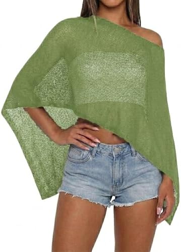 Women Sheer Knit Poncho Top Beach Cover Up Lightweight Crochet Shrug Y2k Summer See Through Shawl